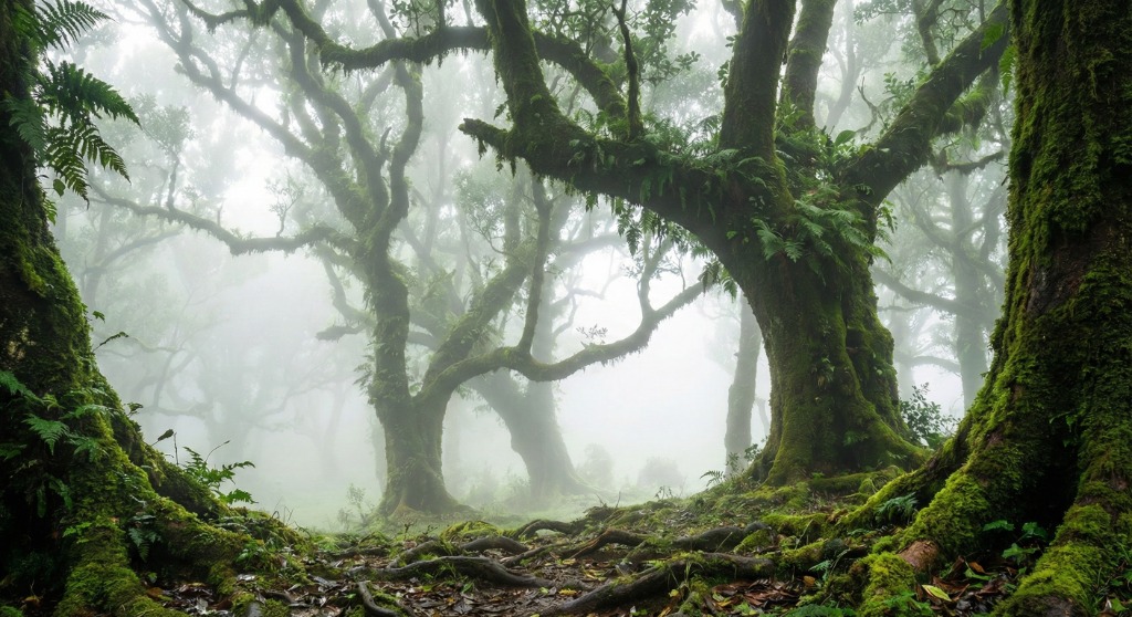 Nebelumhüllte uralte Lorbeerbäume im Fanal-Wald, Madeira